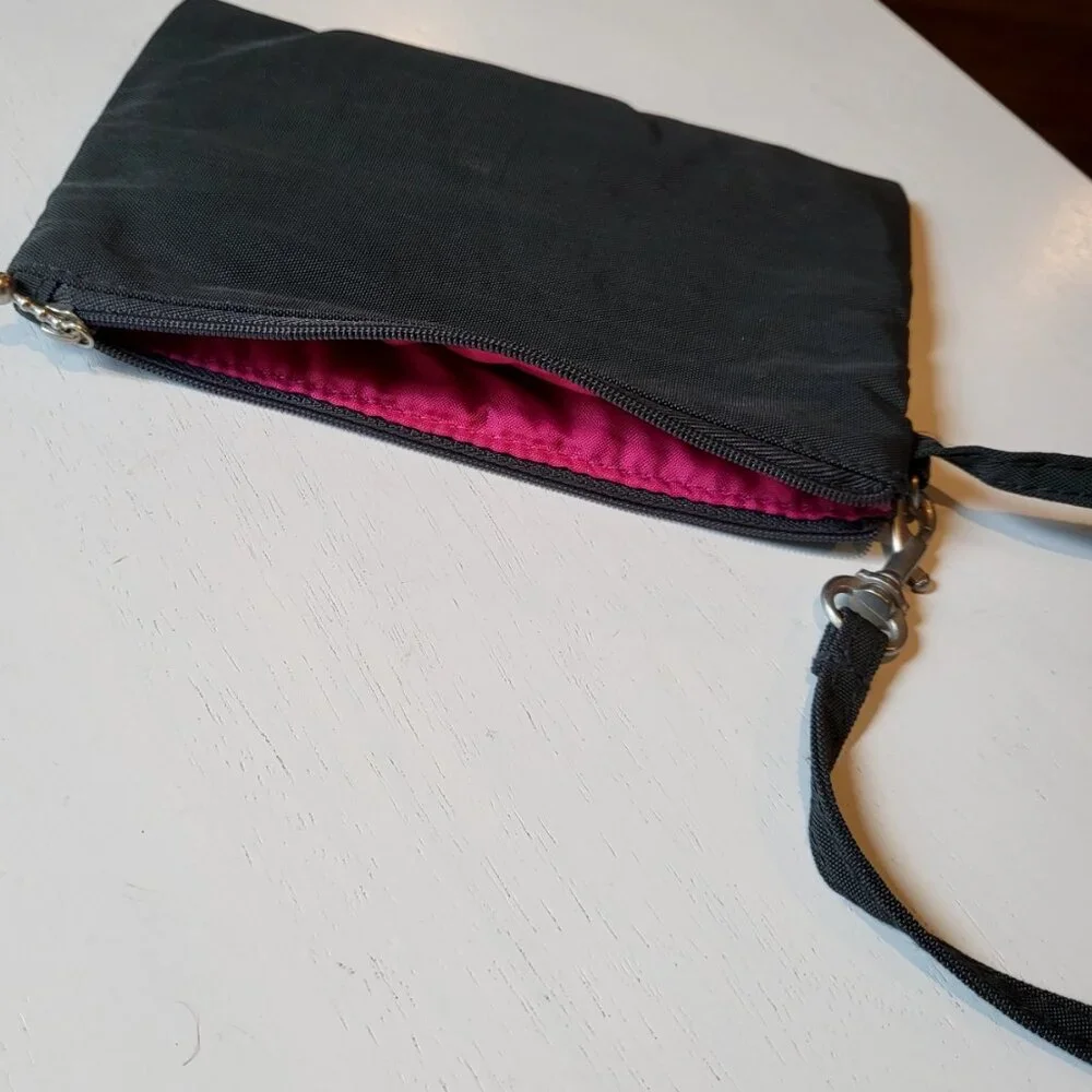 Wristlet Wallet Pouch Black Nylon Hot Pink Lining Barbiecore